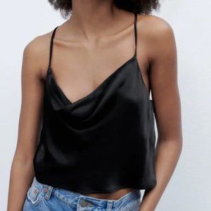 NWT Zara Open Back Cowl Neck Black Top Large